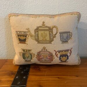 Vintage Teacups and teapot Set Needlepoint Pillow Down filled